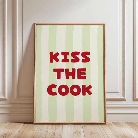 Physical Poster Kiss The Cook Funny Quote Kitchen Wall Art Green Red Striped Decor For Home Trendy Typography Print
