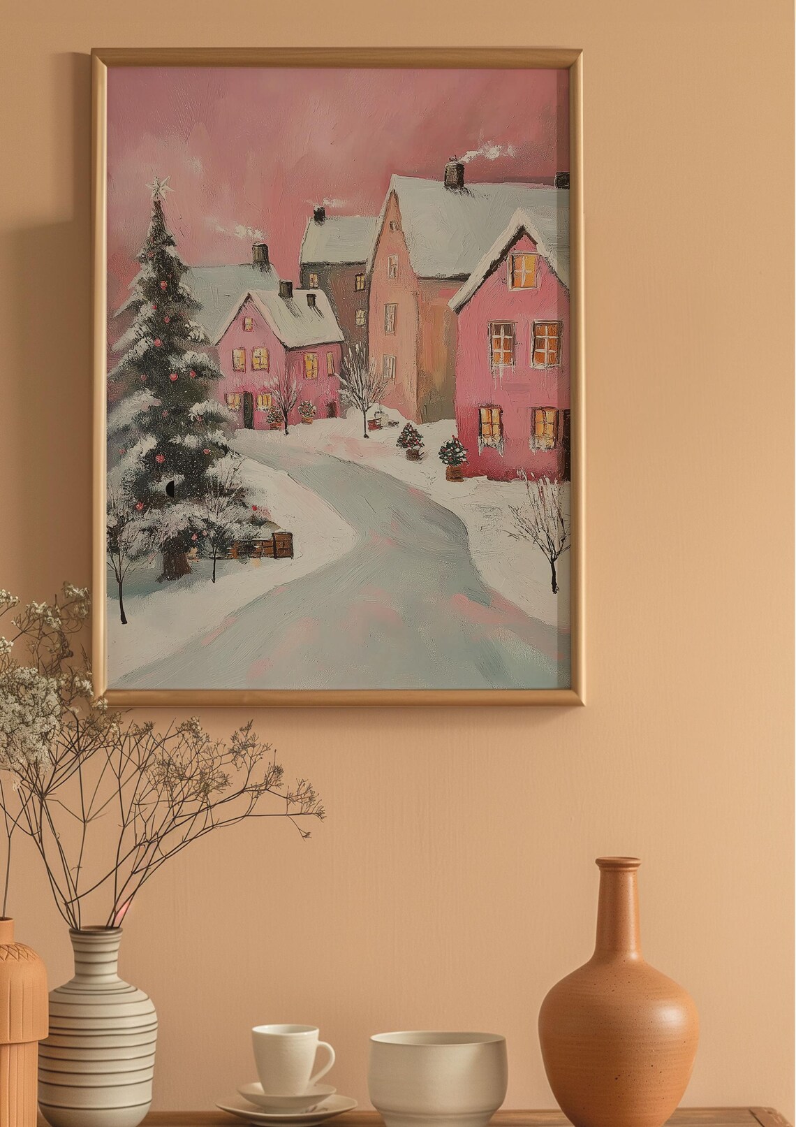 Pink Christmas Village Snow Art Print, Winter Decor