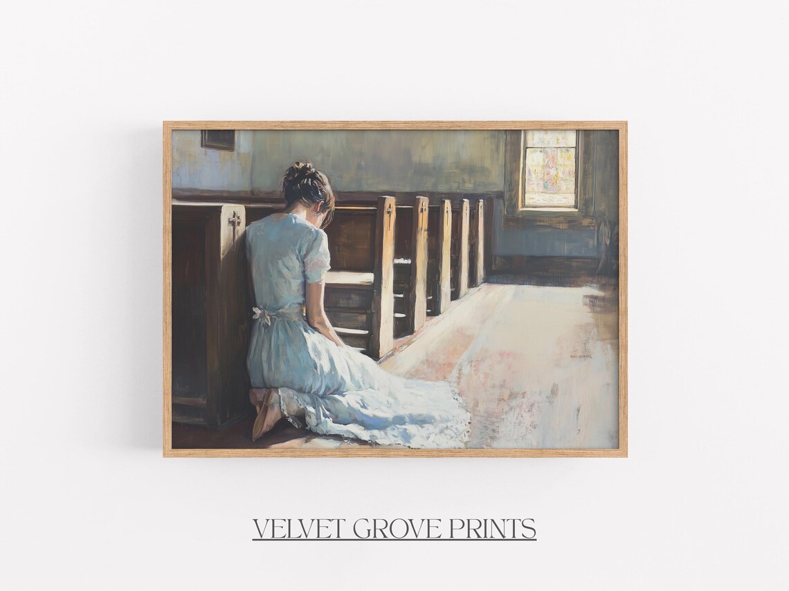 Woman Praying In Church Vintage Faith Oil Painting Christian Poster