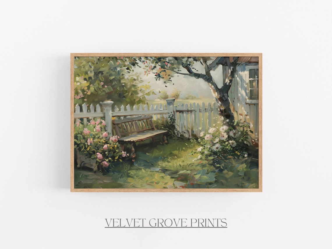 Rose Garden Bench Beside White Picket Fence Sunny Summer Print