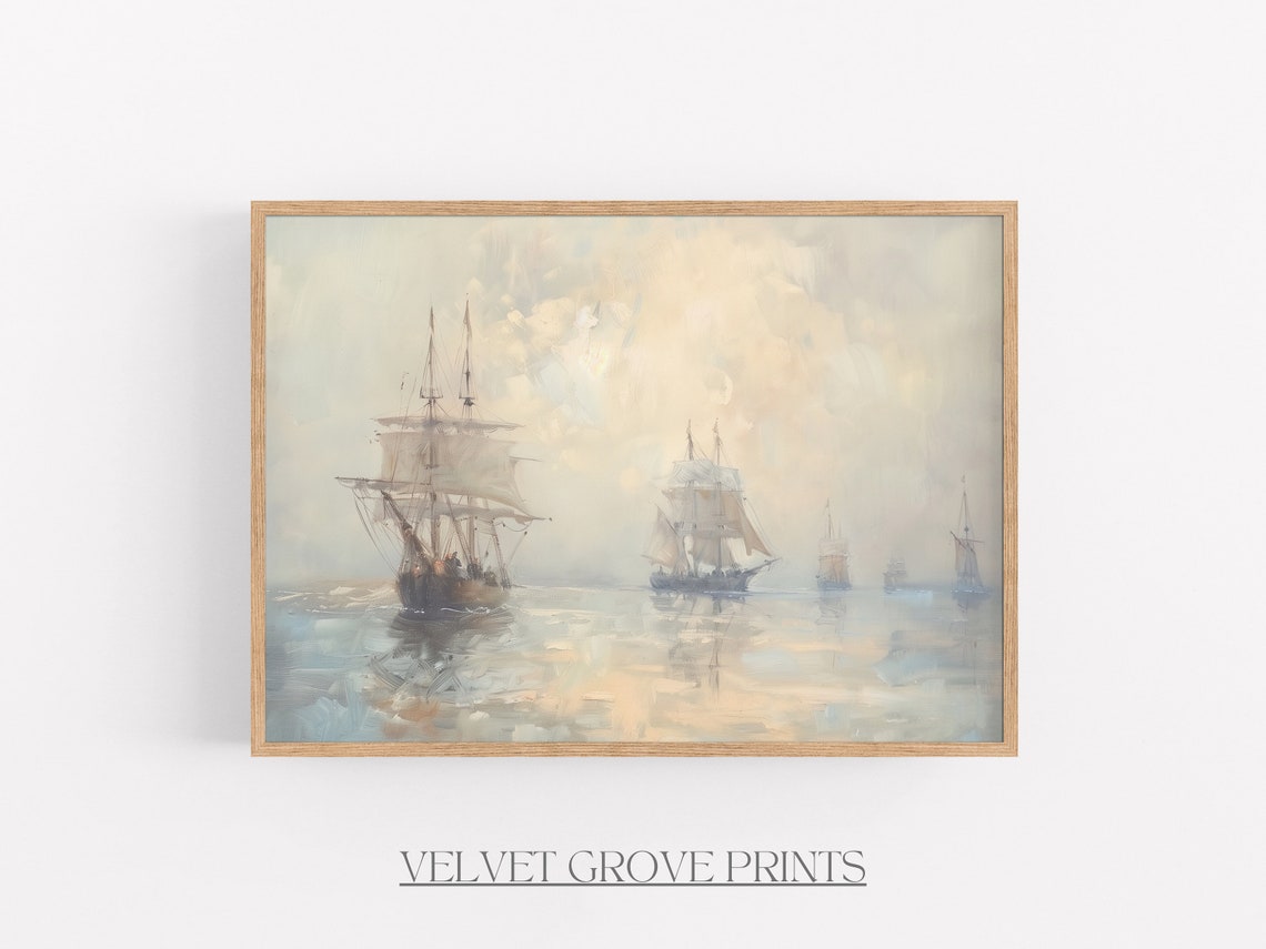 Tall Sailing Ships in Mist Vintage Maritime Oil Painting Poster