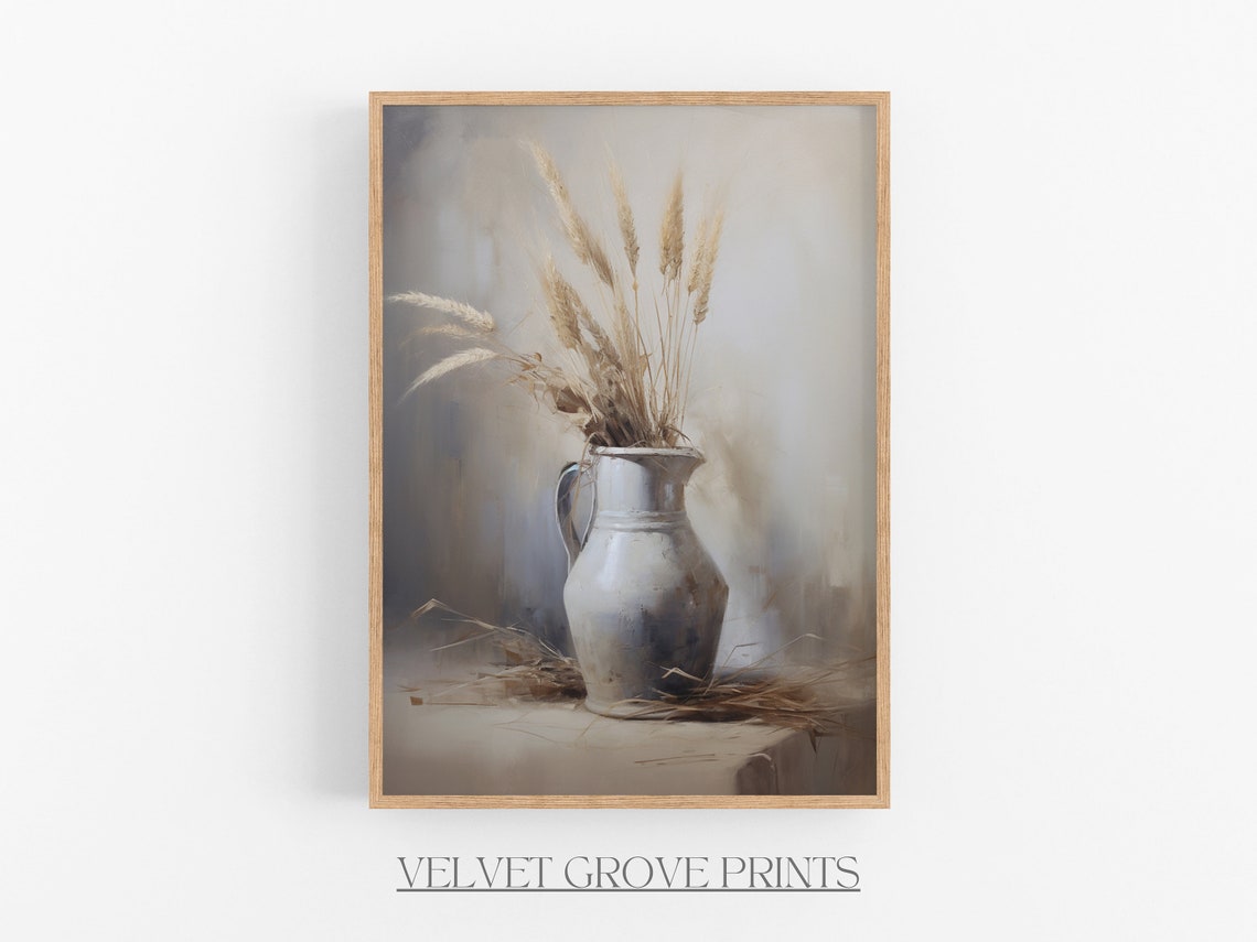 Rustic Ceramic Pitcher With Dried Wheat Stalks Still Life Poster