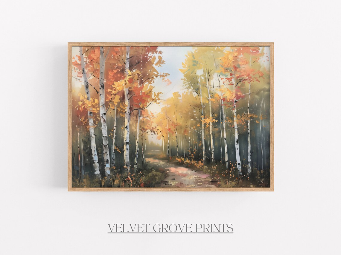Autumn Birch Forest Trail Oil Painting Fall Foliage Woodland Poster
