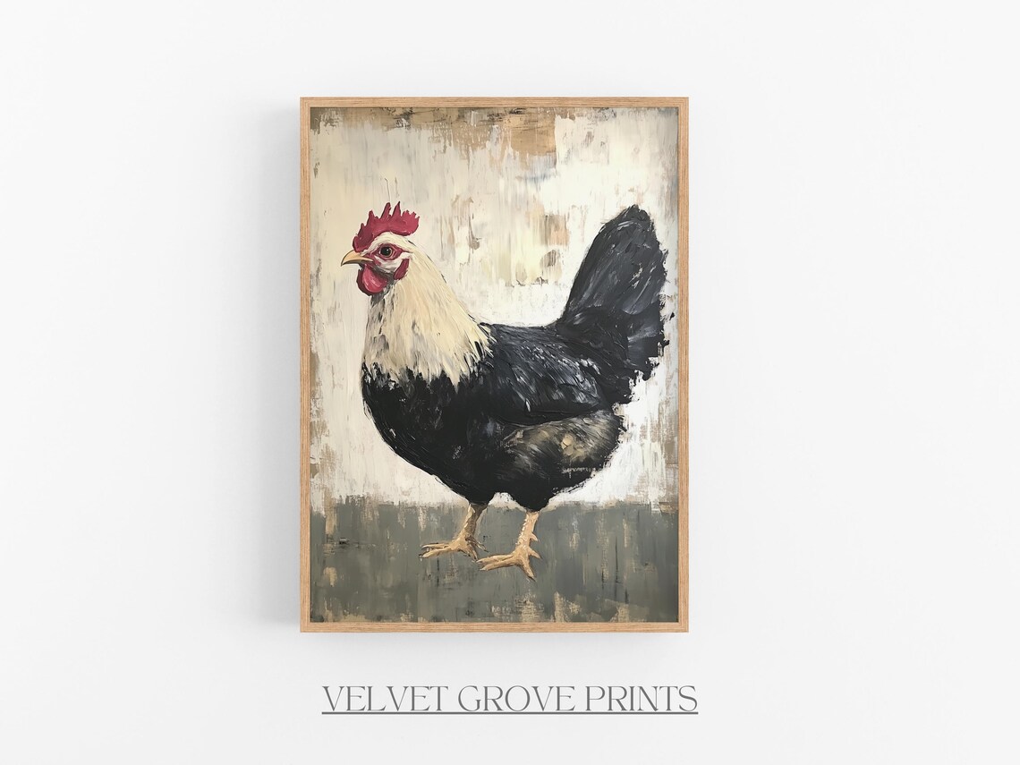 Black and White Rooster Vintage Farmhouse Oil Painting Print