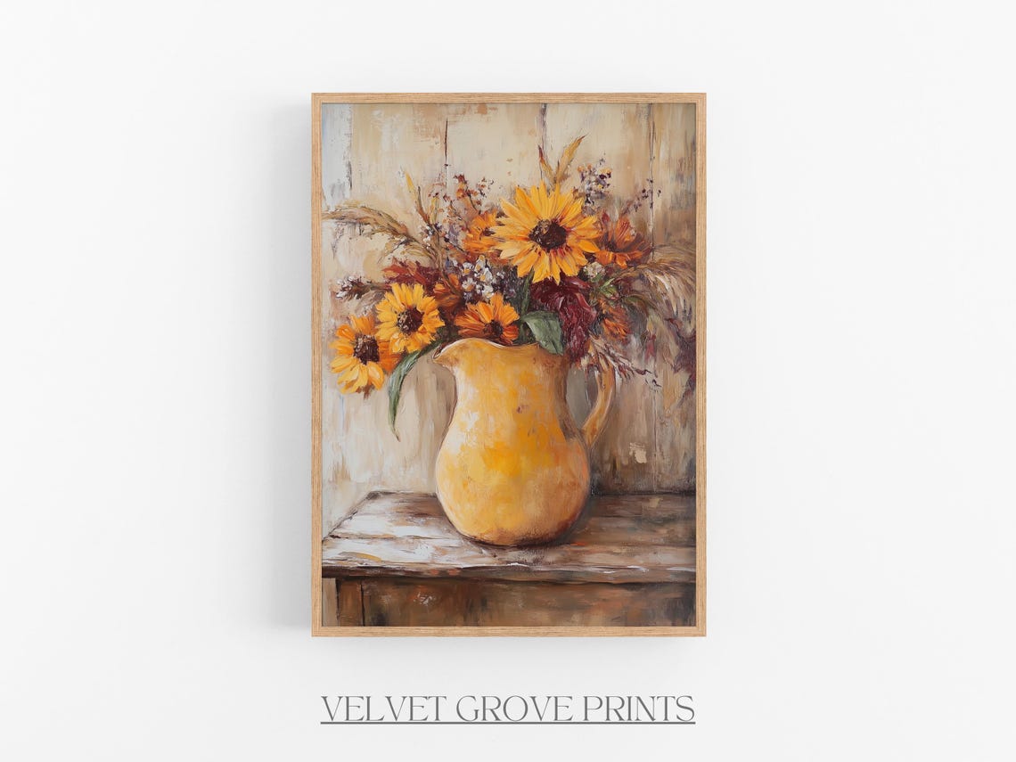 Vintage Sunflower Bouquet in Yellow Pitcher Farmhouse Poster