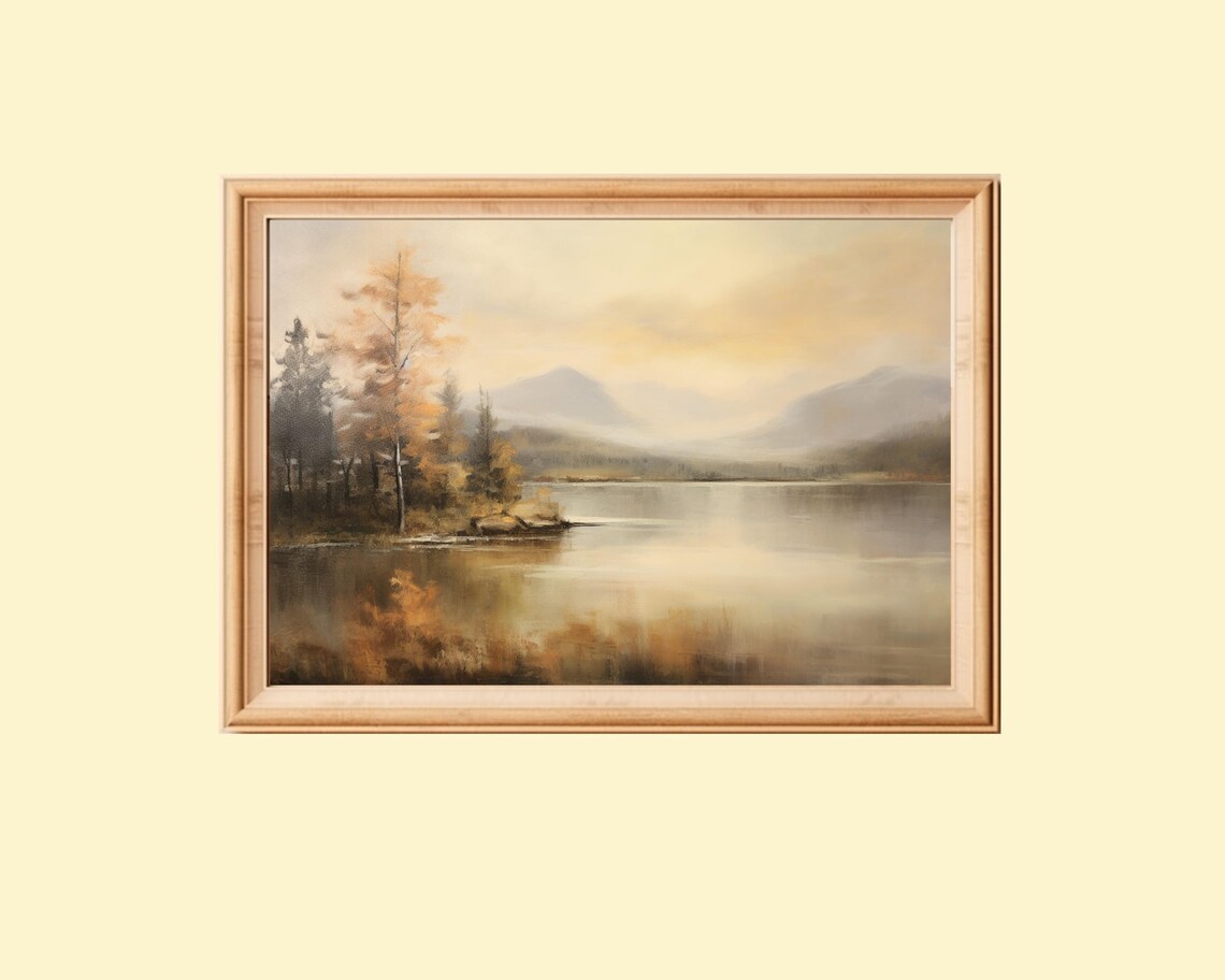 Vintage Autumn Landscape Painting, Lake Scene