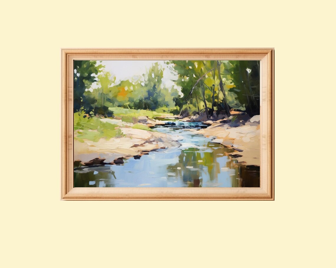 Summer Brook In Forest Landscape, Moody Wall Art
