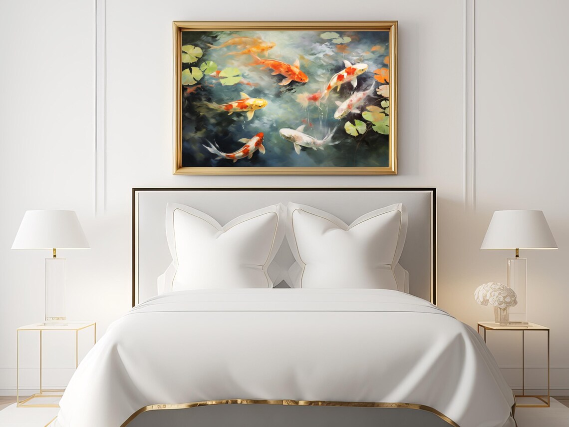 Koi Fish Pond Painting, Calming Living Room Decor - Image 2