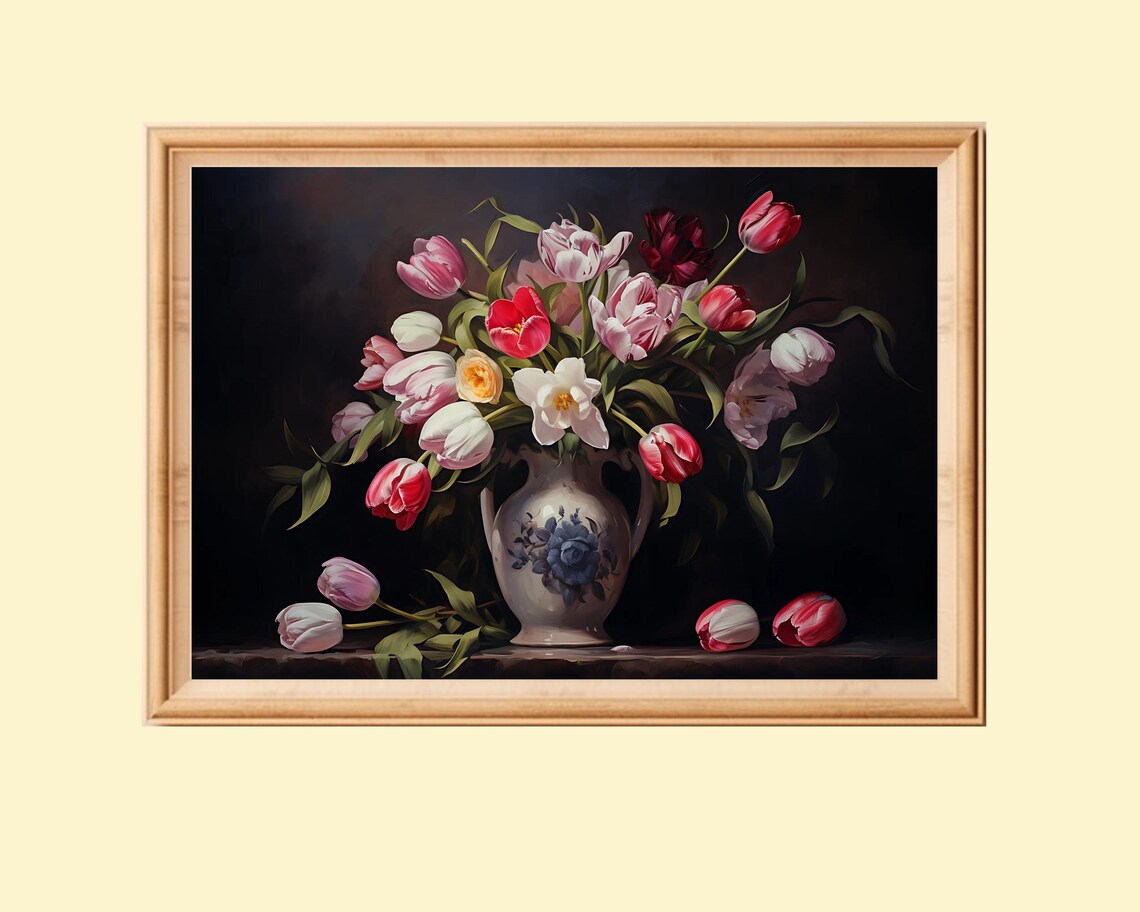Vintage Bouquet Of Tulips In Vase, Rustic Still Life