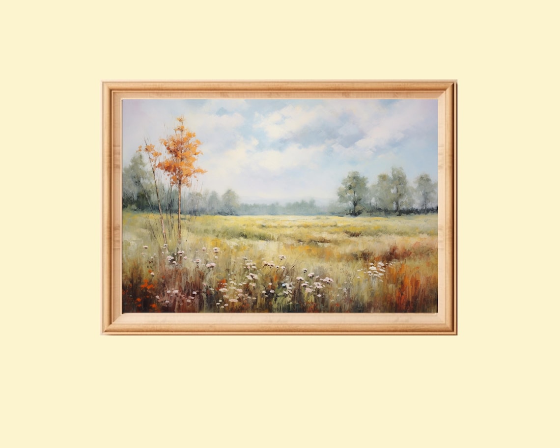Autumn Landscape Painting, Vintage Rustic Farmhouse