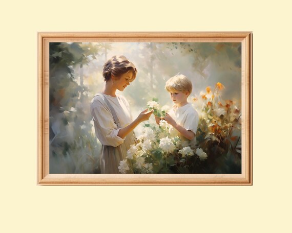 Mother And Child Picking Flowers Impressionist Garden Poster
