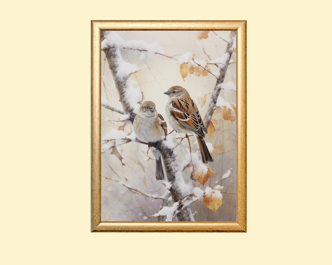 Sparrows Perched On Snowy Branches, Winter Nature Art