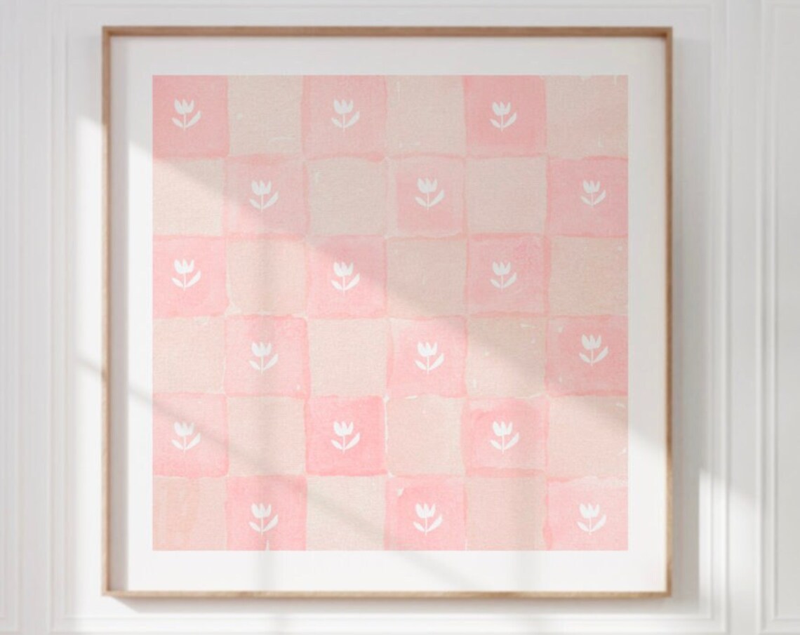Pink Watercolor Gingham Check with White Tulips Square Floral Poster