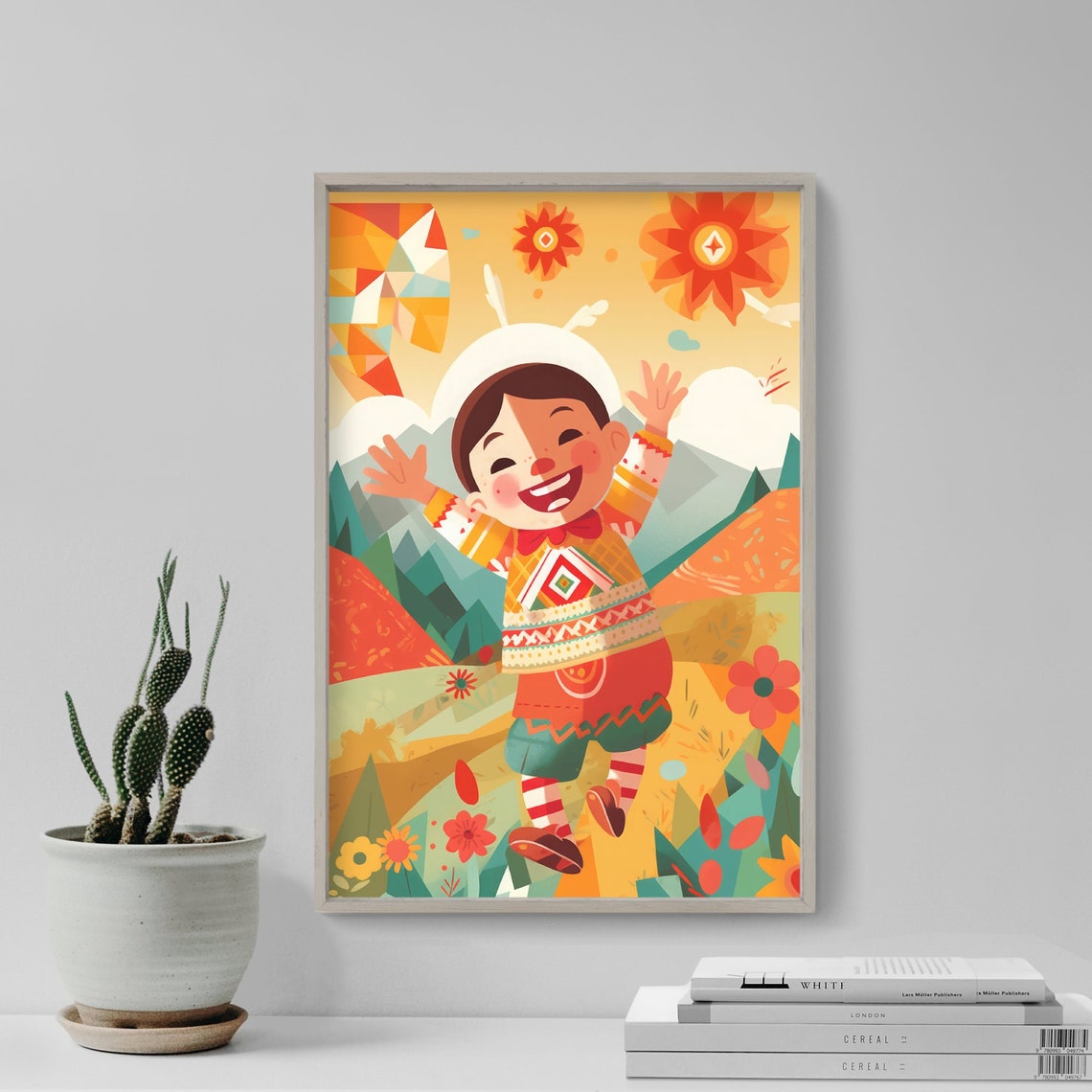 Joyful Boy in Traditional Folk Outfit Flower Meadow Art Poster