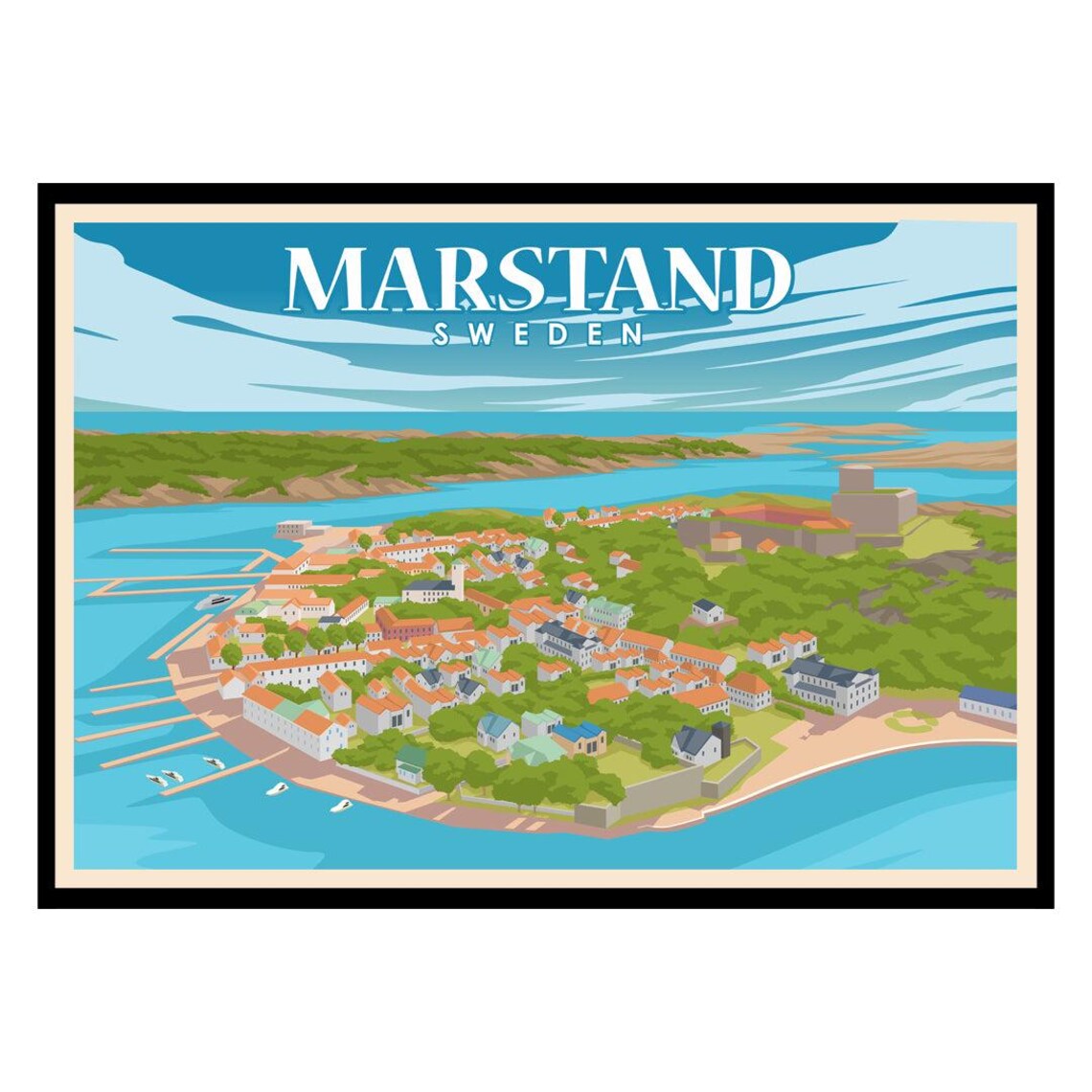 Marstrand Sweden Coastal Island Town Aerial Archipelago Travel Poster