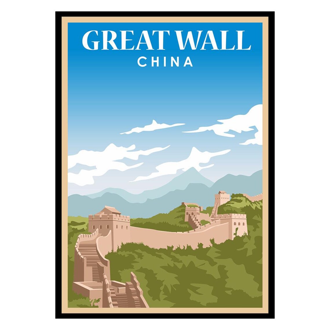 Great Wall of China Vintage Mountain Travel Illustration Wall Poster
