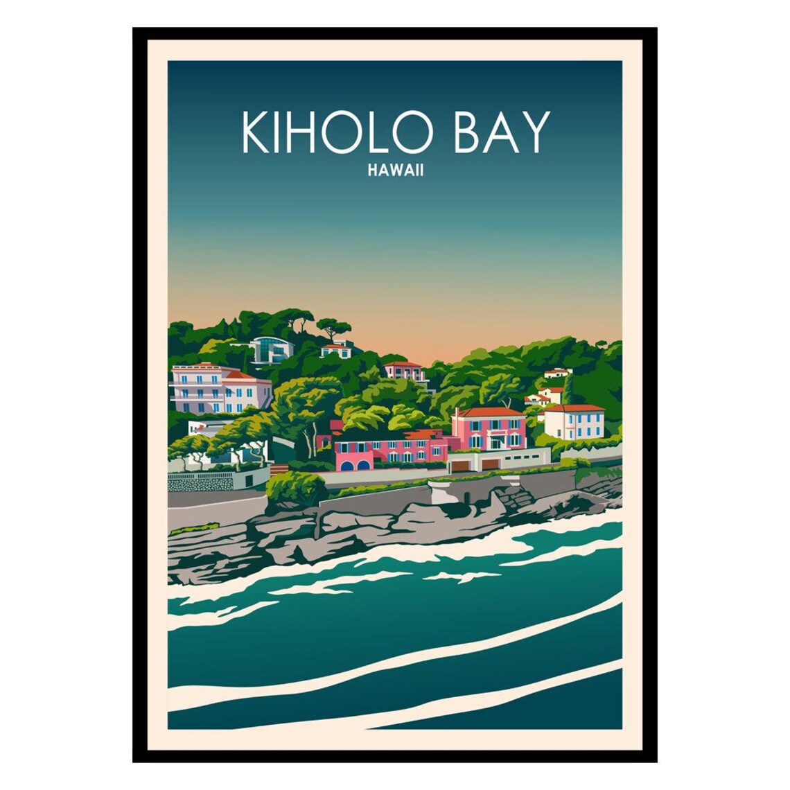 Kiholo Bay Hawaii Coastal Town Sunset Retro Beach Travel Poster
