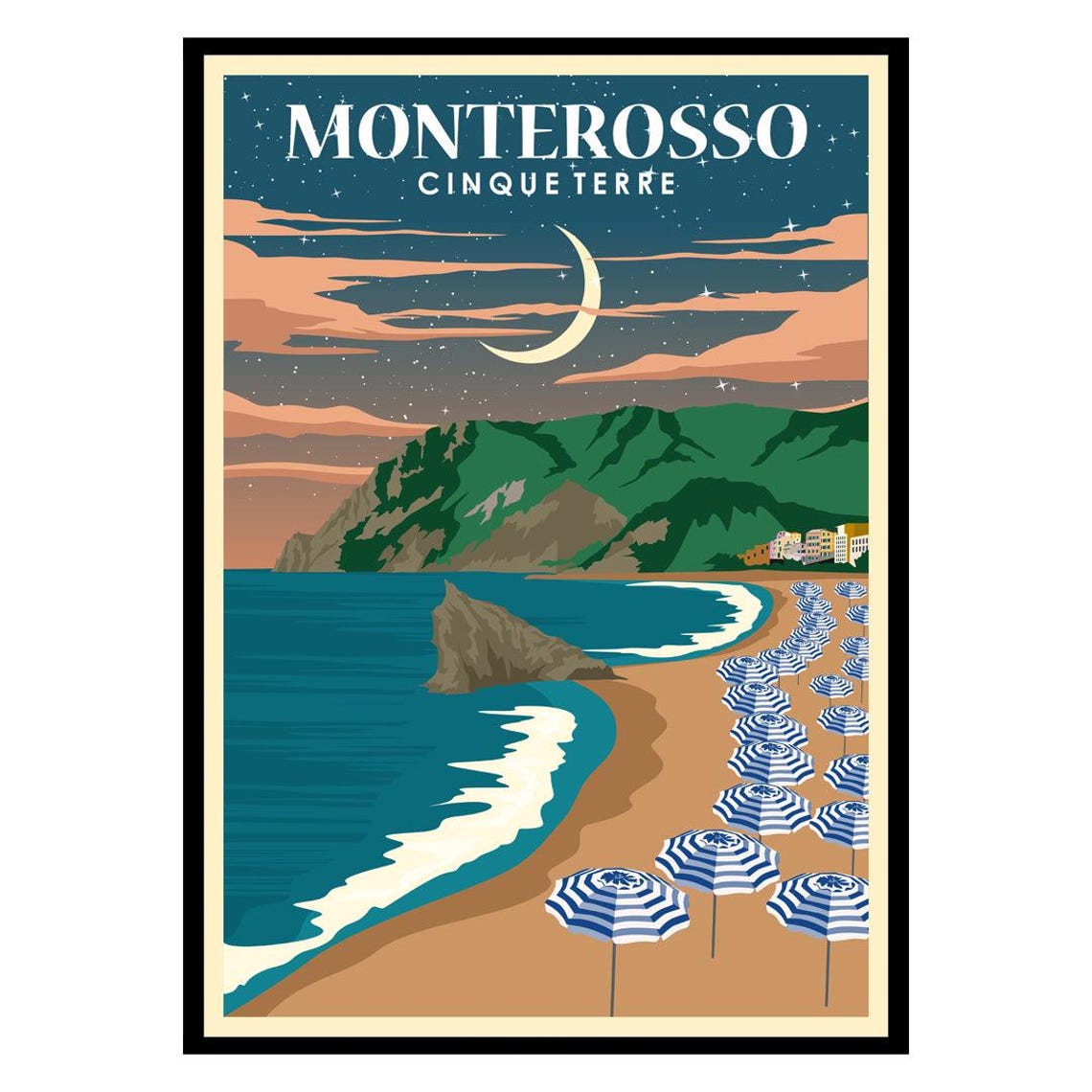 Monterosso Cinque Terre Beach Night Moon Italy Travel Poster