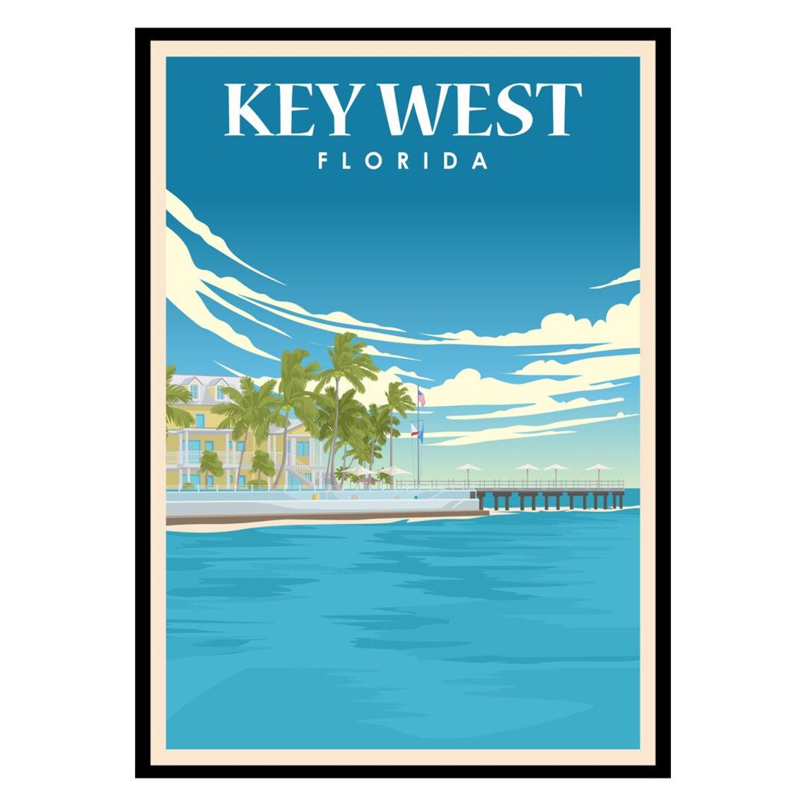 Key West Florida Vintage Beach Palm Trees Pier Travel Wall Poster