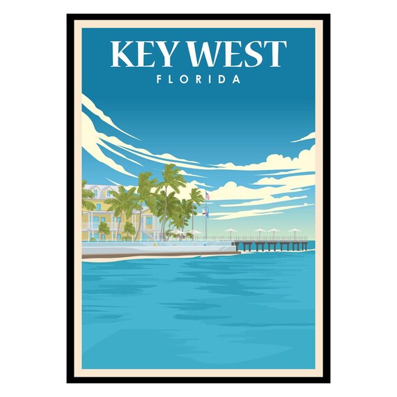 Key West Florida Vintage Beach Palm Trees Pier Travel Wall Poster