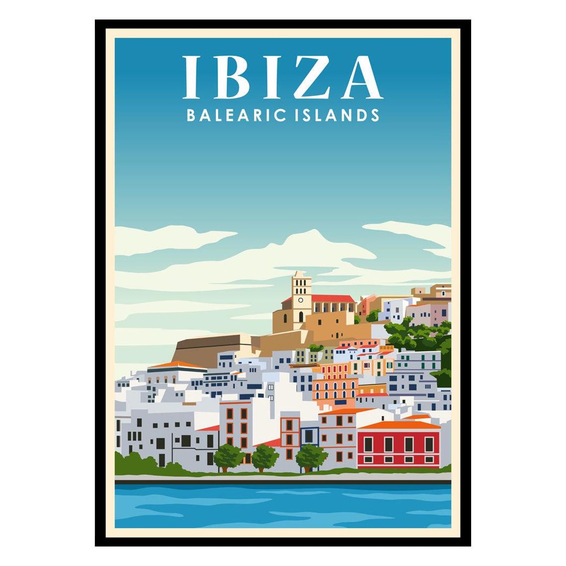 Ibiza Balearic Islands Old Town Hillside Vintage Travel Poster