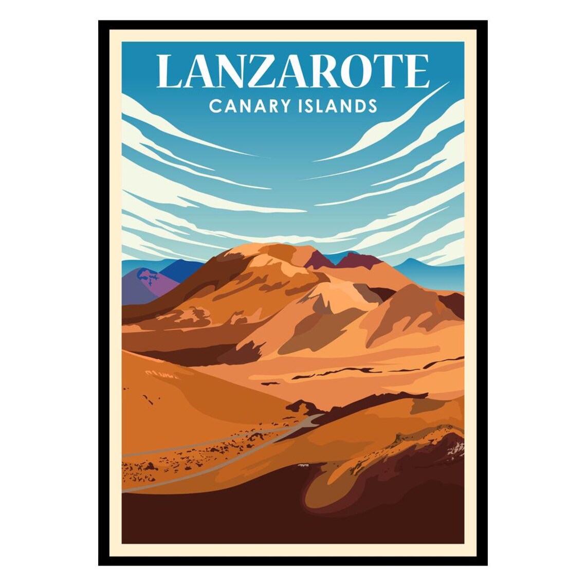 Lanzarote Canary Islands Vintage Travel Poster Volcanic Mountain Landscape