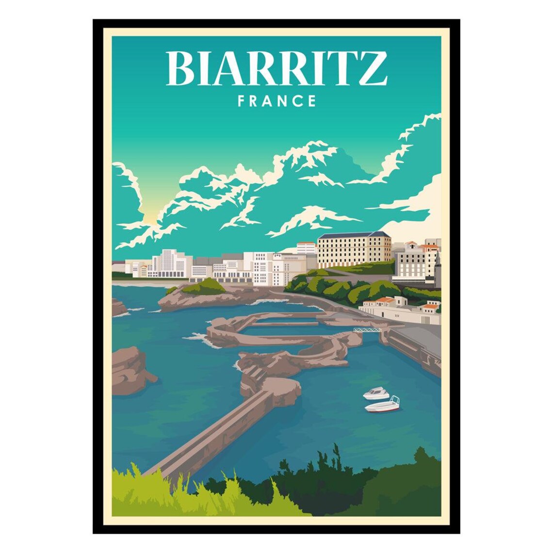 Biarritz France Travel Poster Atlantic Coast Surf Town Vintage Art