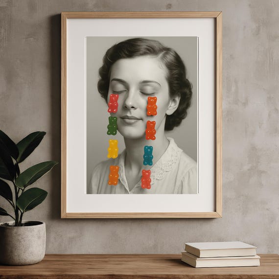 Gummy Bear Surreal Portrait Print Vintage Photo Collage Pop Art Wall