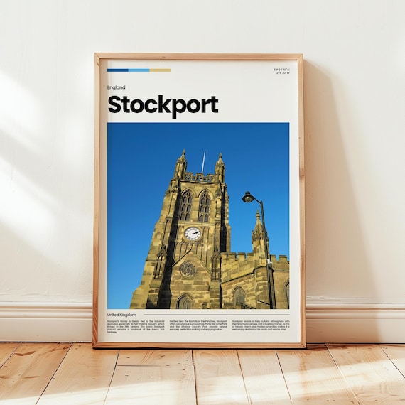 Stockport England Church Clock Tower Blue Sky Photo Travel Poster