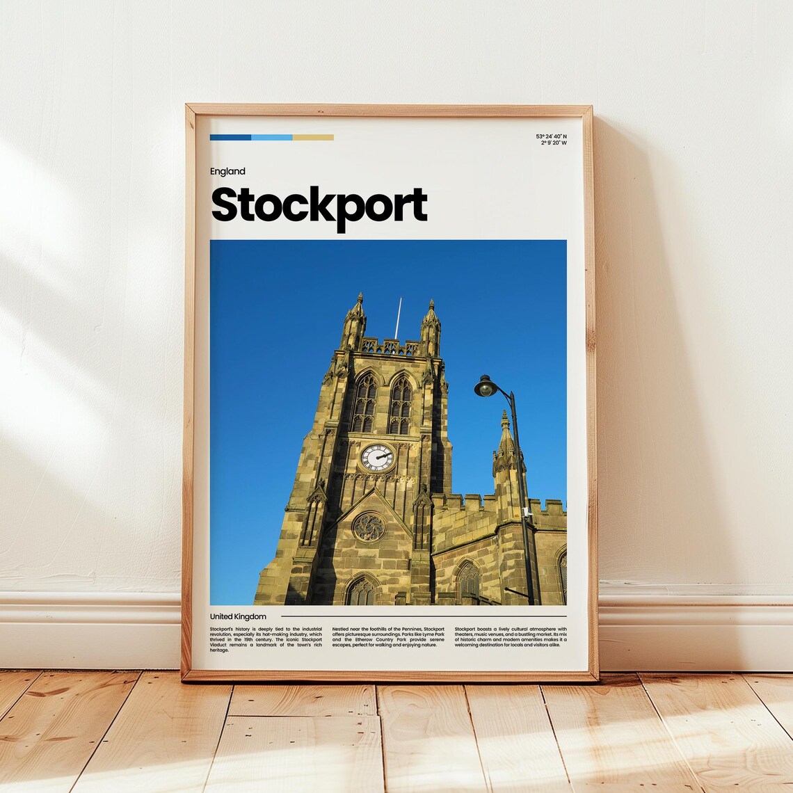 Stockport England Church Clock Tower Blue Sky Photo Travel Poster
