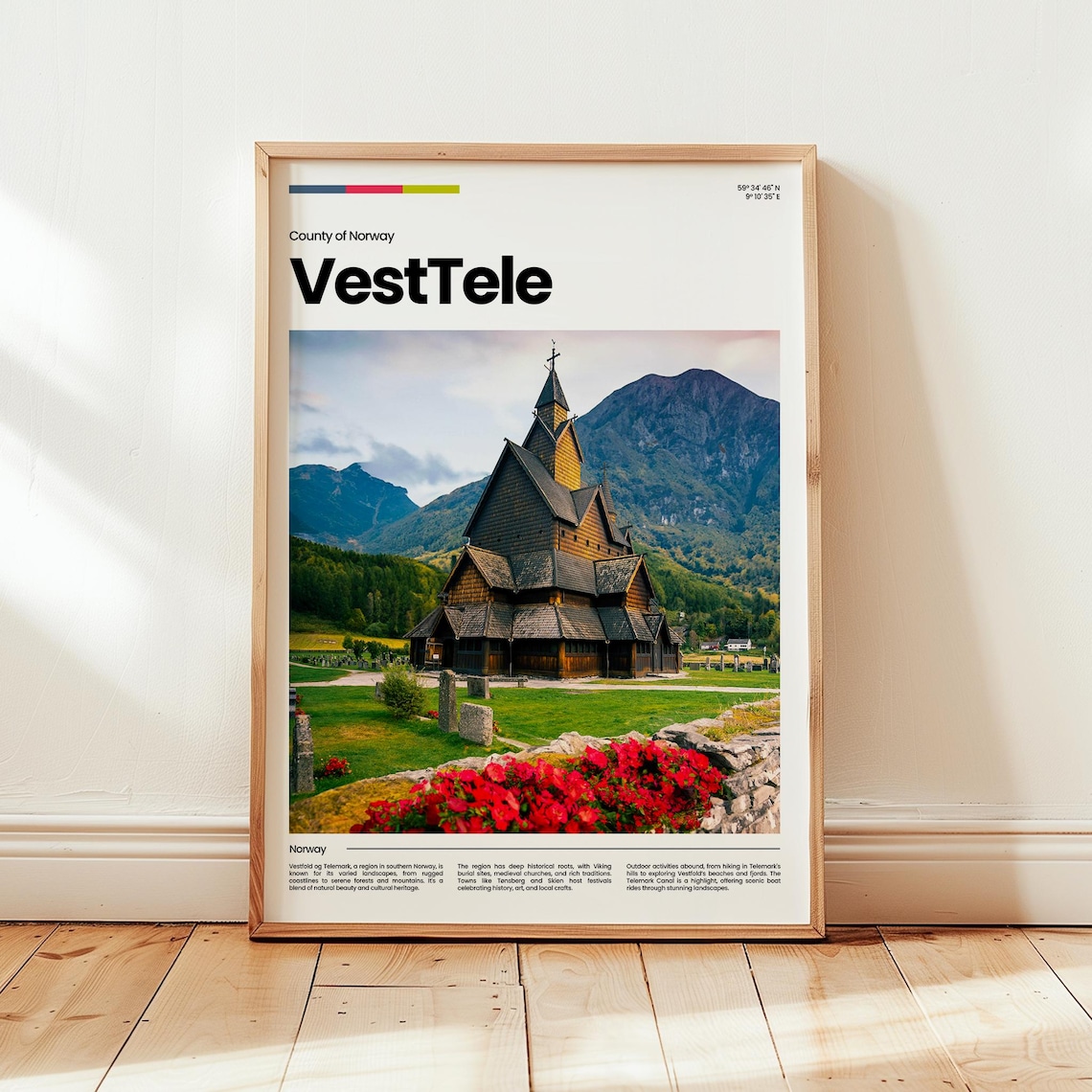 VestTele Norway Viking Stave Church Mountain County Travel Poster