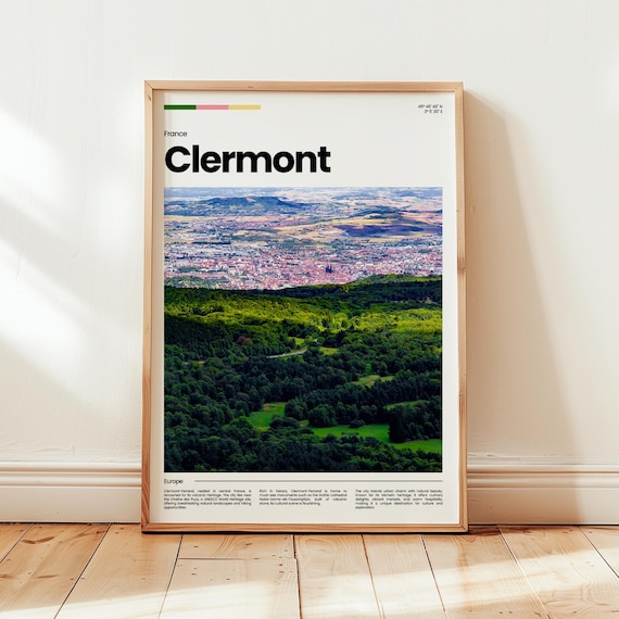 Clermont France Aerial City View Volcanic Hills Modern Travel Poster
