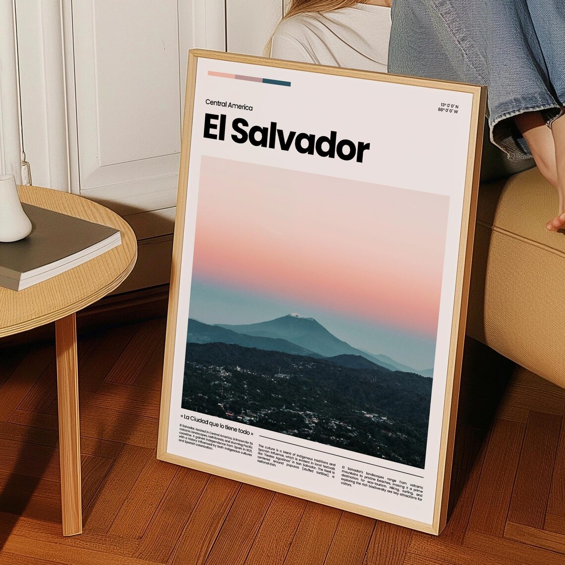 El Salvador Volcano Sunset City View Central America Travel Poster - Image 3