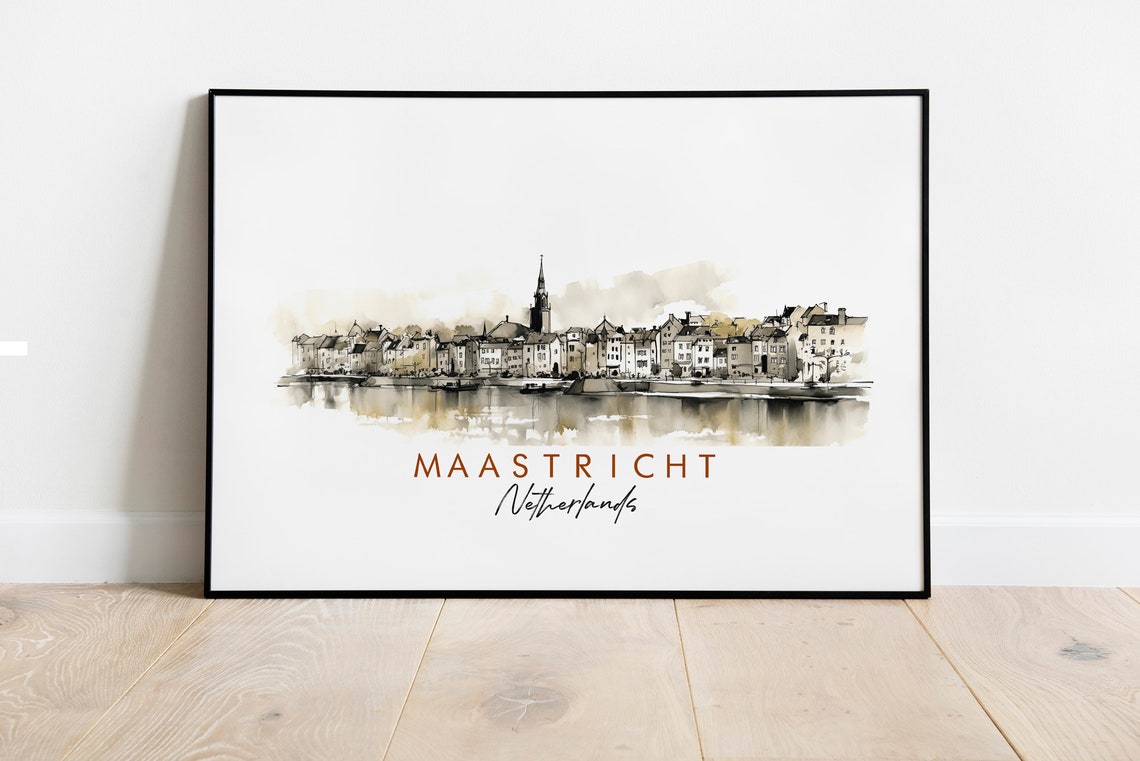 Maastricht Netherlands Riverside Town Skyline Ink Art Poster