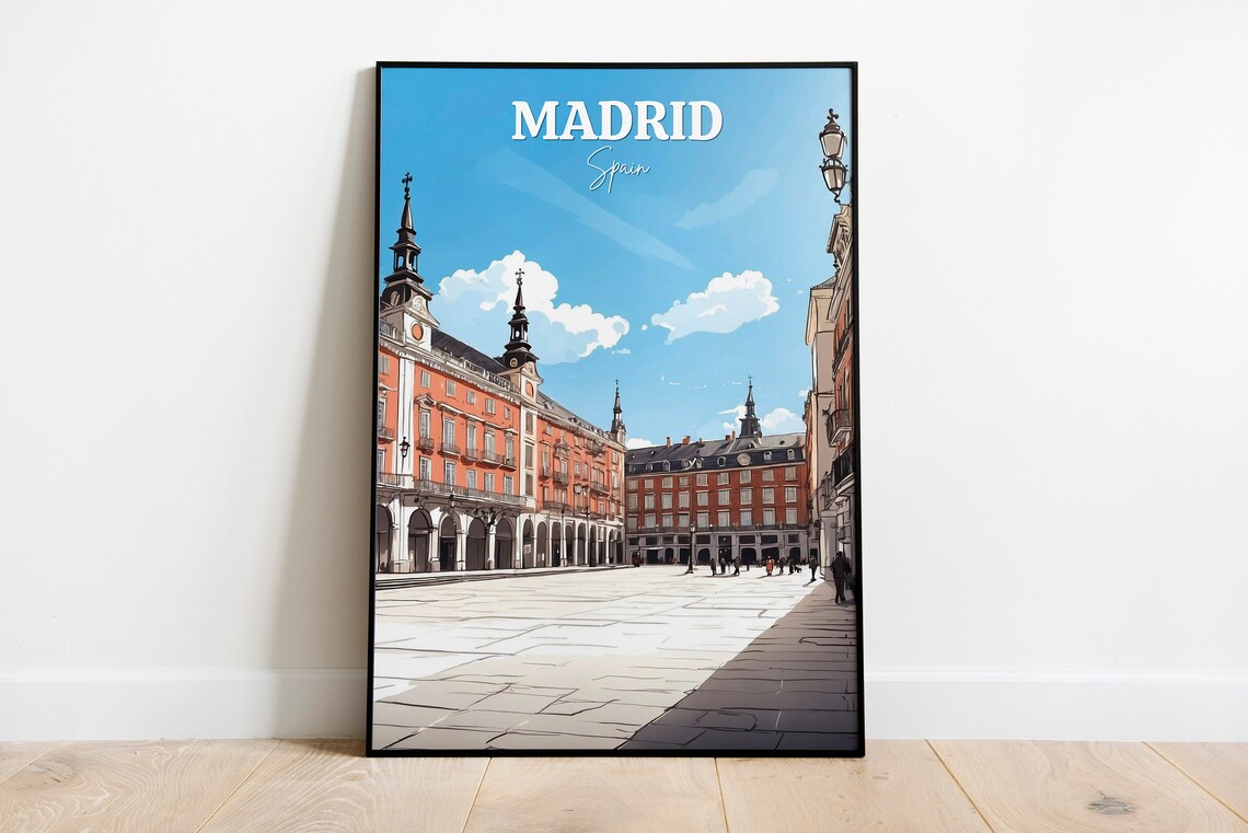 Madrid Spain Plaza Mayor Winter Square Vintage City Travel Poster