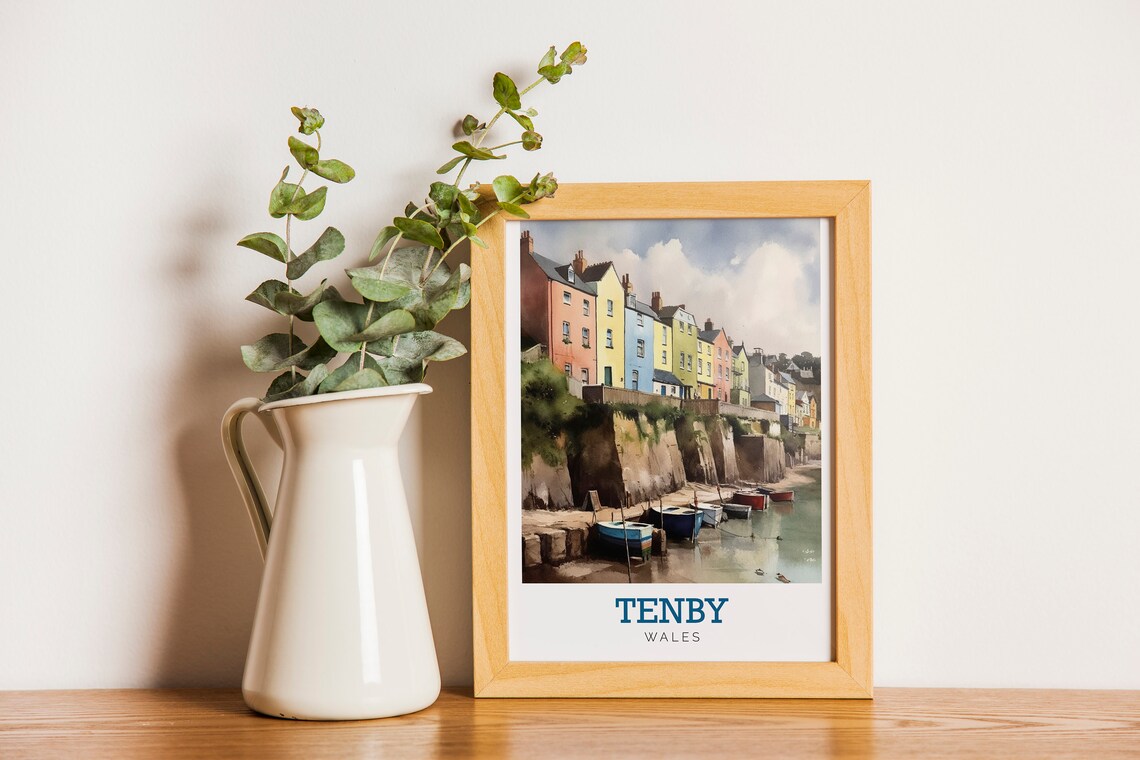 Tenby Wales Colorful Harbor Houses Watercolor Art Travel Poster - Image 2