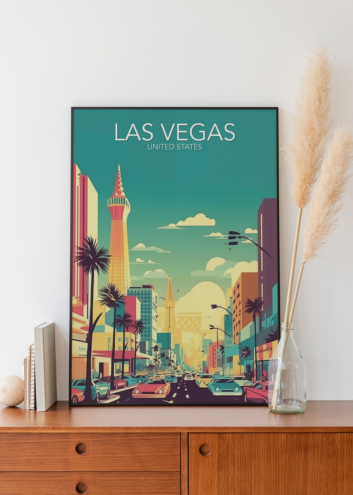 Las Vegas Nevada Retro Strip Skyline Sunset Scene Art Poster - Image 3