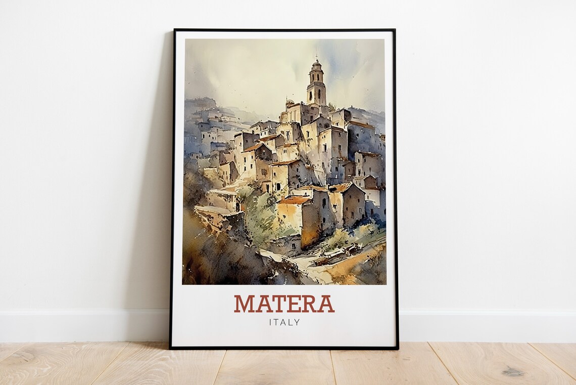 Matera Italy Old Hill Town Watercolor Historic Travel Poster
