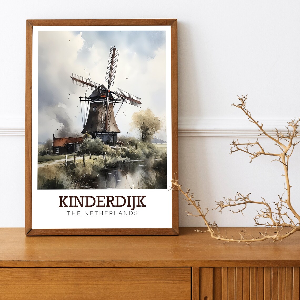 Kinderdijk Netherlands Windmill Watercolor Countryside Travel Poster