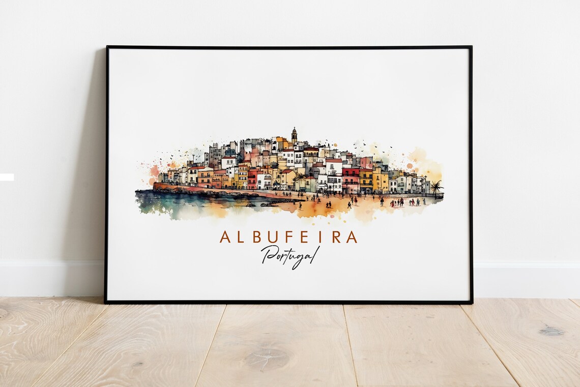 Albufeira Portugal Coastal Town Ink Watercolor Travel Poster