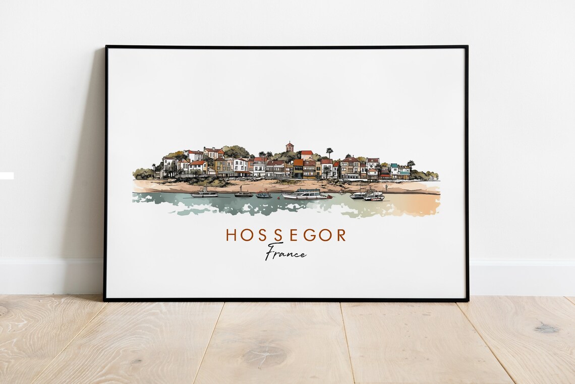 Hossegor France Coastal Harbor Town Boats Watercolor Art Poster