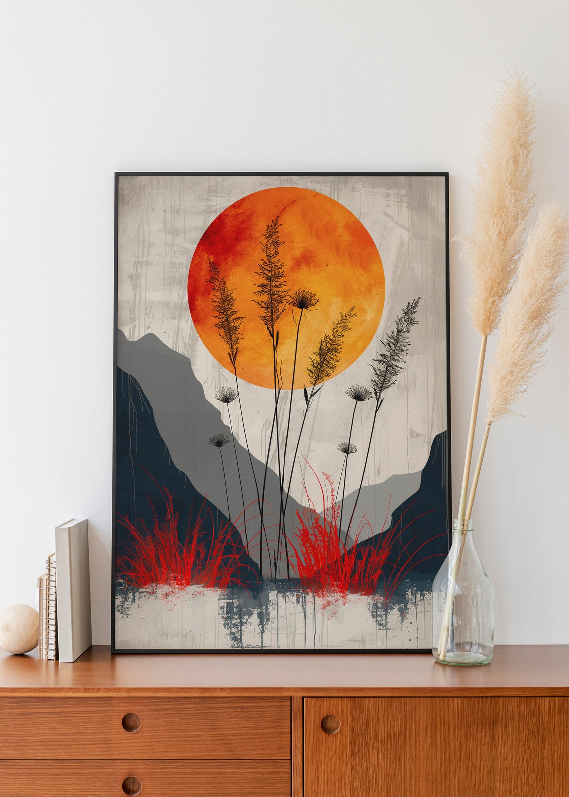 Orange Sunset Black Mountains Red Grass Japanese Style Art Print