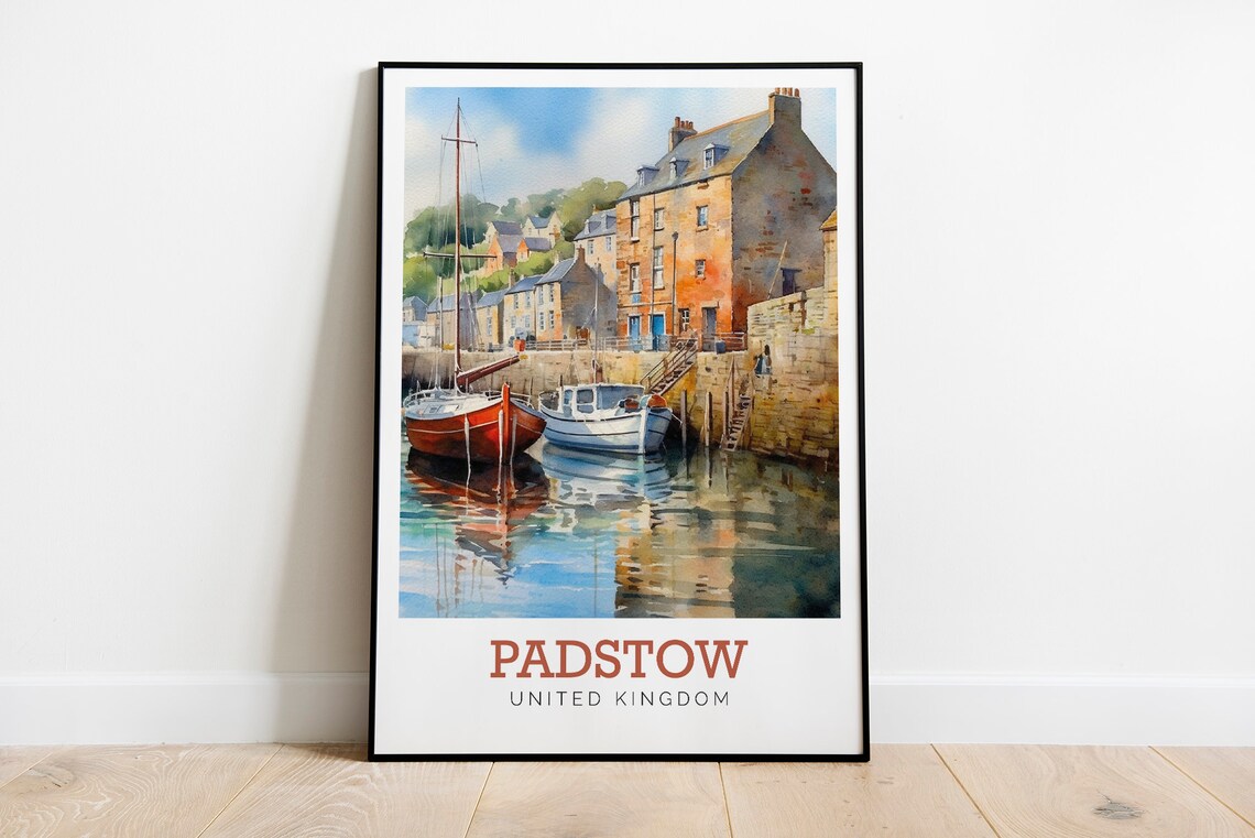 Padstow United Kingdom Cornish Harbor Boats Watercolor Travel Poster - Image 2