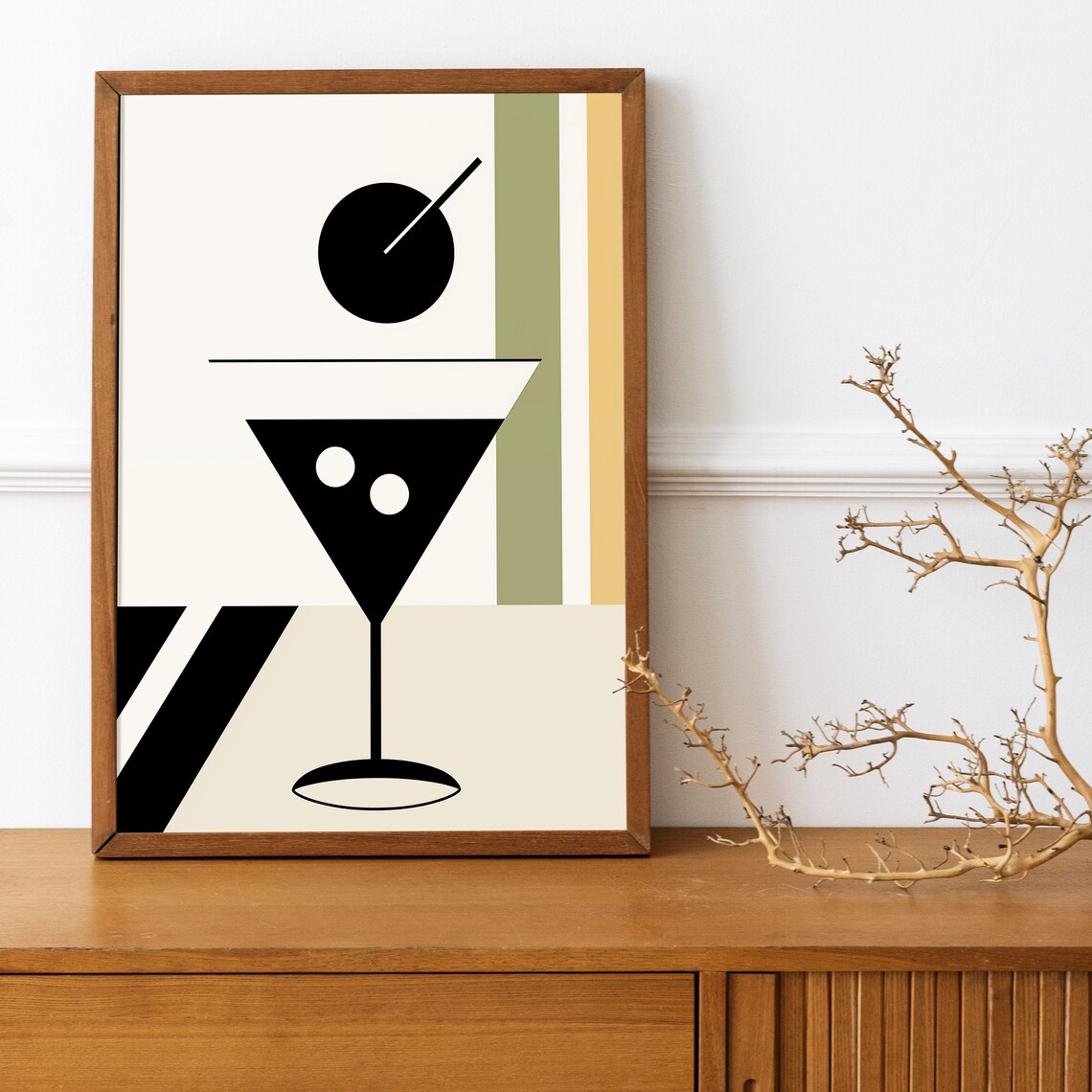 Minimalist Martini Cocktail Glass Black Olive Mustard Retro Bar Poster - Image 3