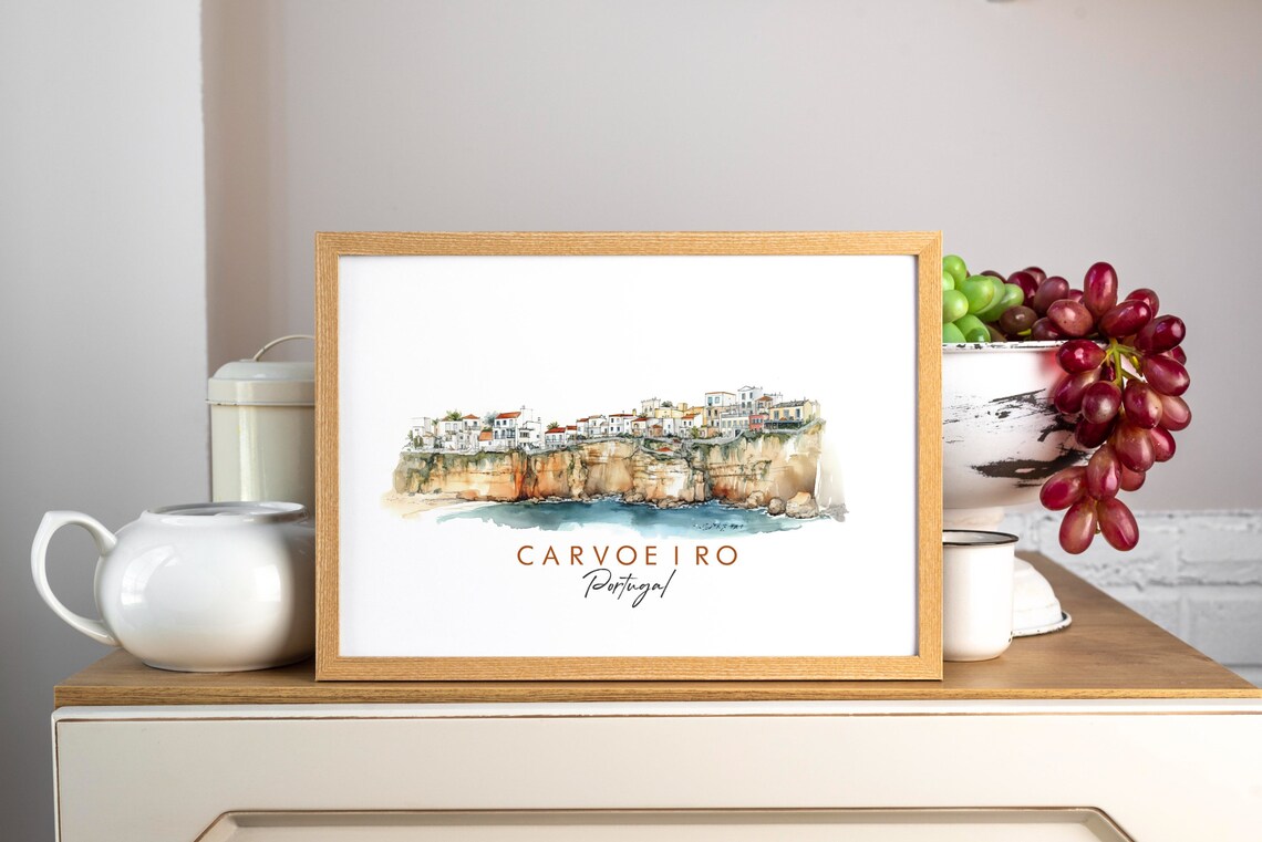 Carvoeiro Portugal Clifftop Village Ink Watercolor Travel Poster - Image 3