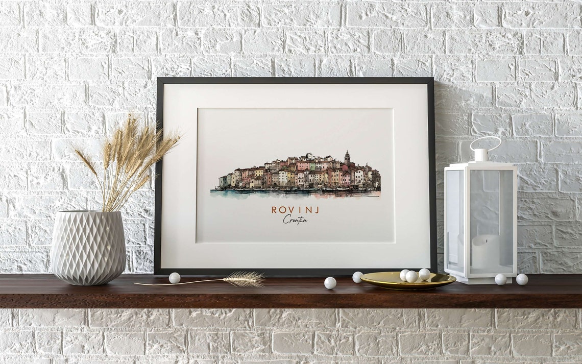 Rovinj Croatia Colorful Seaside Old Town Ink Watercolor Poster - Image 2