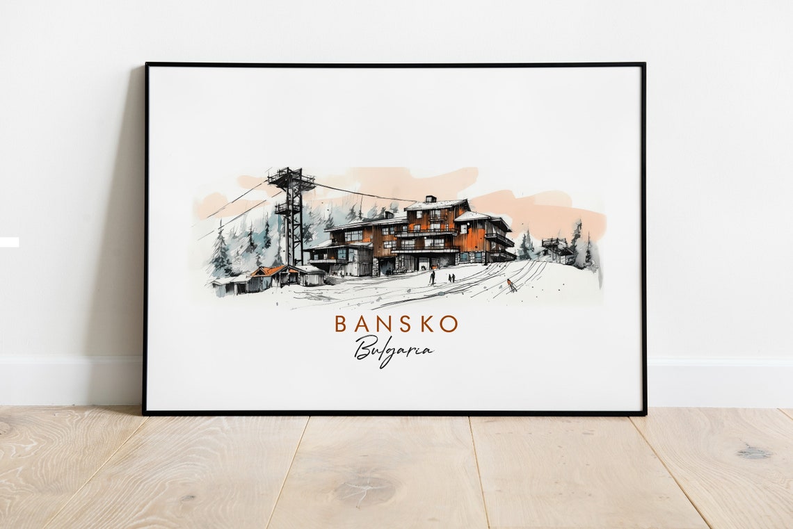 Bansko Bulgaria Winter Ski Resort Gondola Chalet Ink Travel Poster