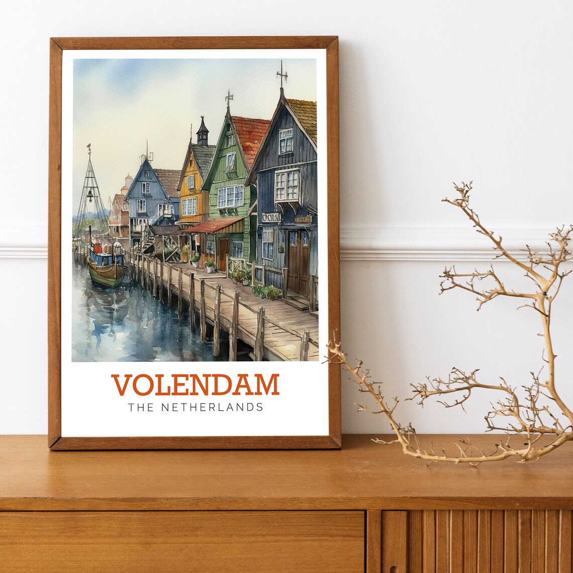 Volendam Netherlands Wooden Harbor Watercolor Art Travel Poster - Image 2
