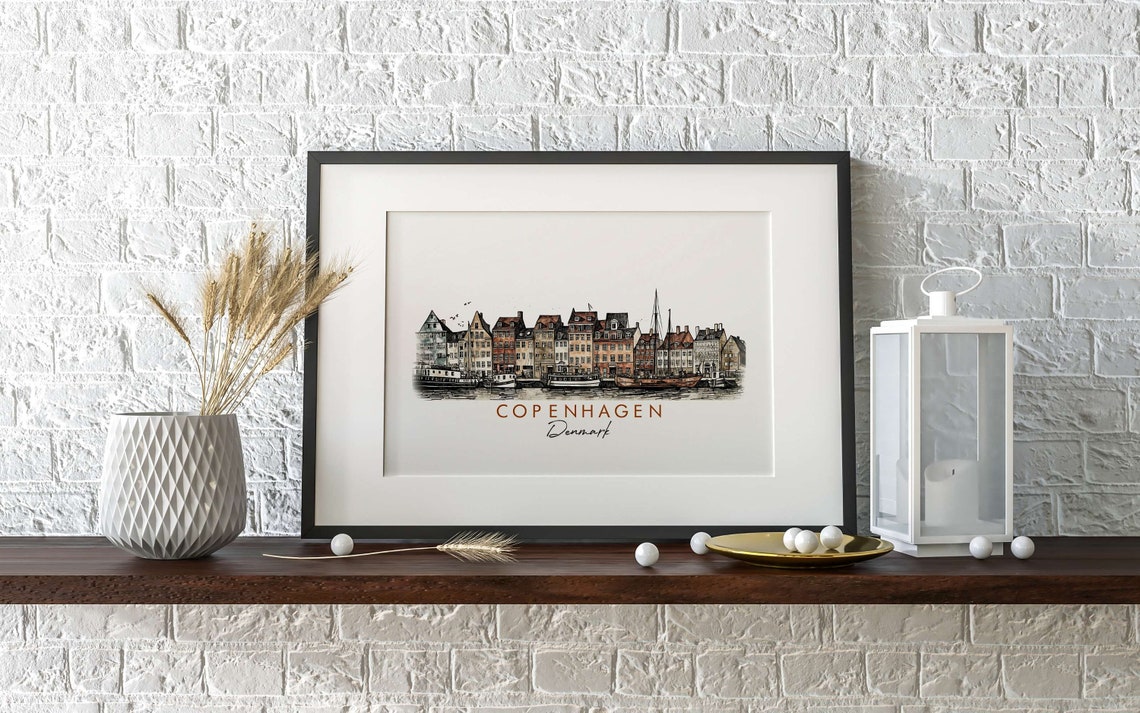 Copenhagen Denmark Nyhavn Harbor Ink Watercolor Travel Poster - Image 2