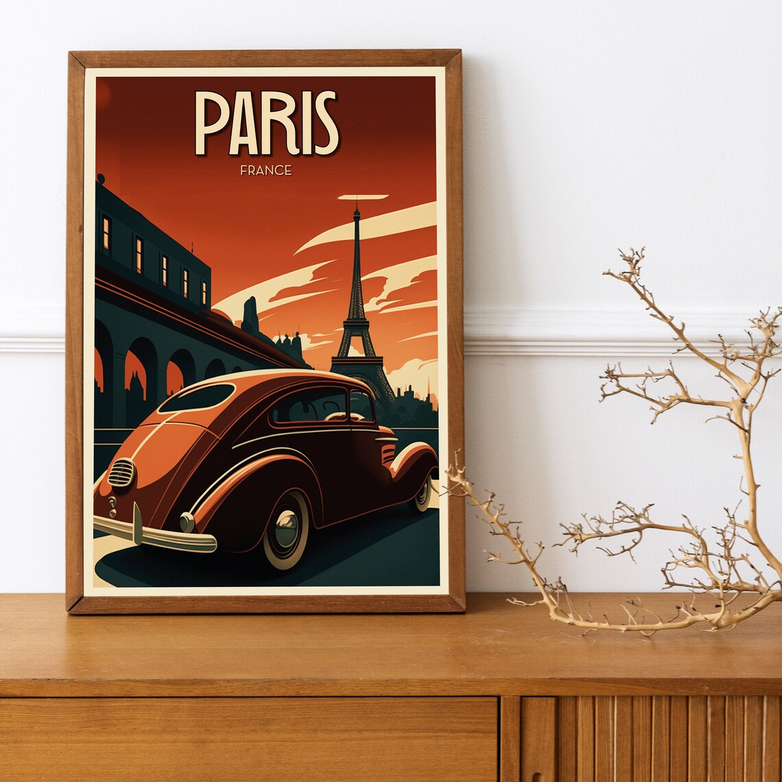 Paris France Eiffel Tower Classic Car Sunset Vintage Travel Poster